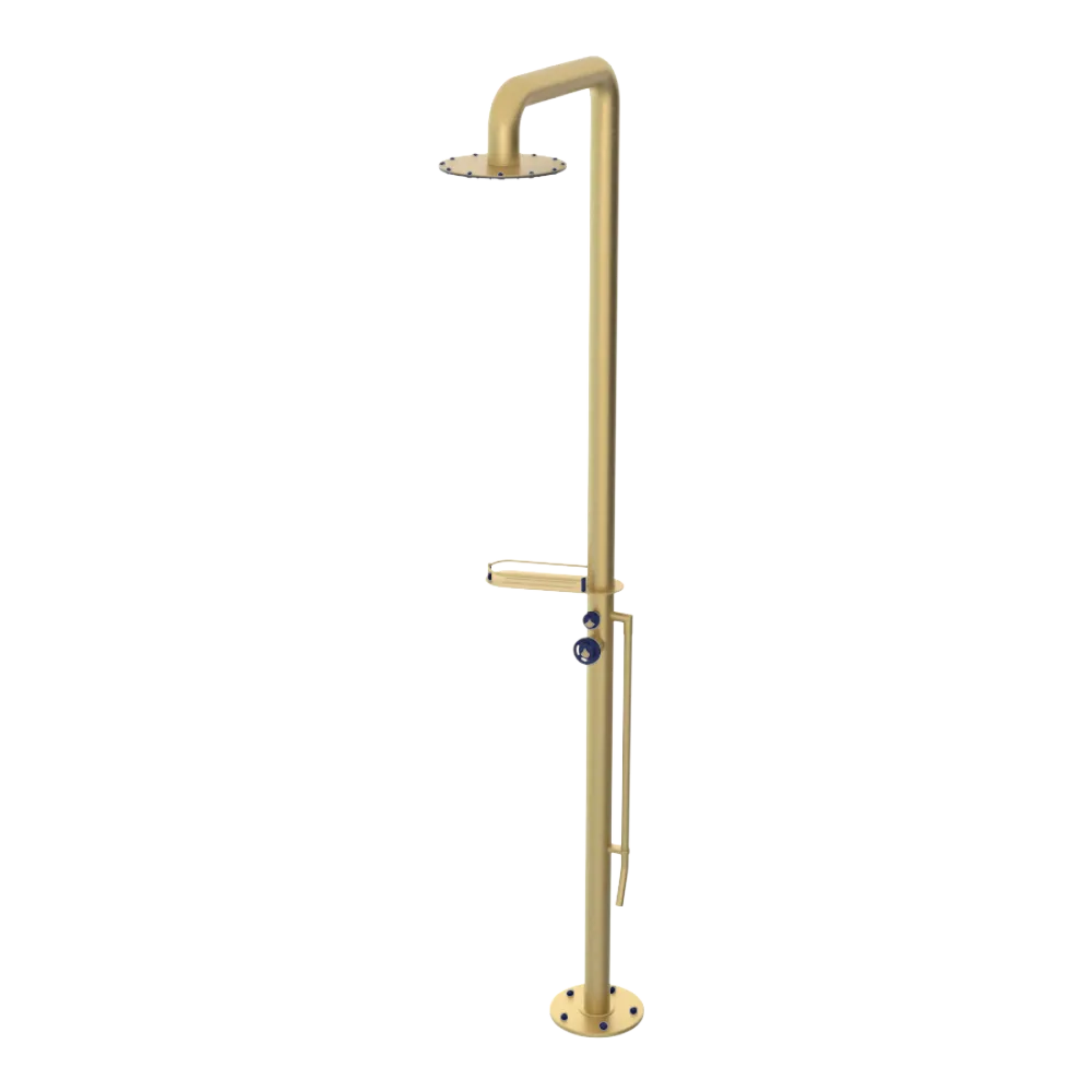 Rubinet Pressure Balance Outdoor Shower with Foot Rinse & 10" Shower Head (with shelf) - 304 Stainless Steel Satin Brass