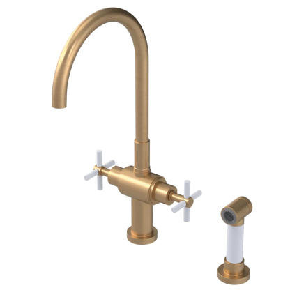 Rubinet Two Handle Single Hole Kitchen Set with LaSalle Spout with Hand Spray Satin Gold
