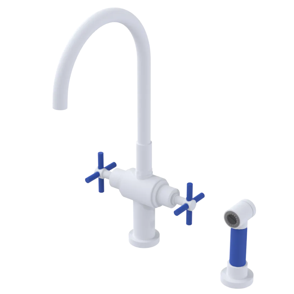 Rubinet Two Handle Single Hole Kitchen Set with LaSalle Spout with Hand Spray Matt White