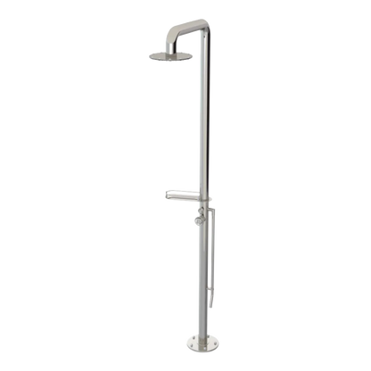 Rubinet Pressure Balance Outdoor Shower with Foot Rinse & 10" Shower Head (with shelf) - 304 Stainless Steel Polished Nickel