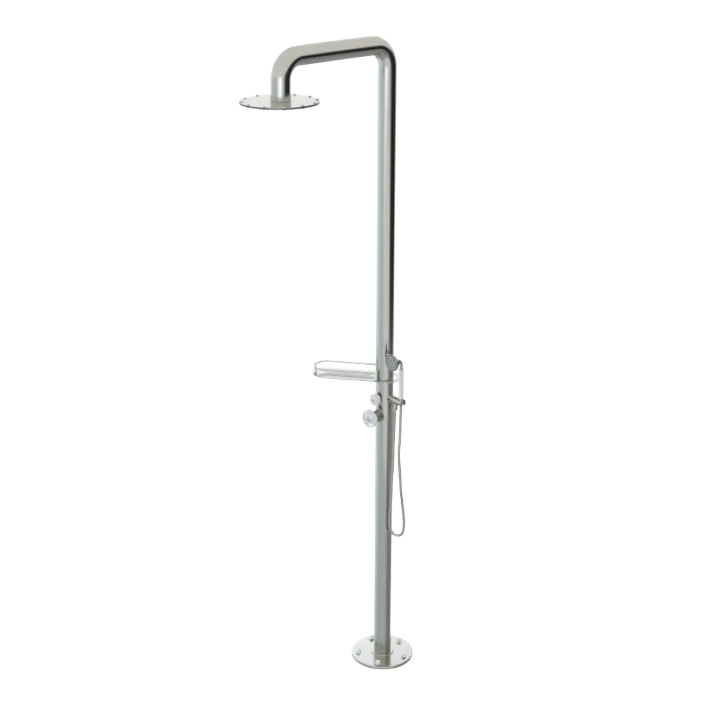 Rubinet Pressure Balance Outdoor Shower with Hand Held Shower & 10" Shower Head (with shelf) - 304 Stainless Steel Satin Nickel