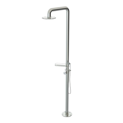 Rubinet Pressure Balance Outdoor Shower with Hand Held Shower & 10" Shower Head (with shelf) - 304 Stainless Steel Satin Nickel