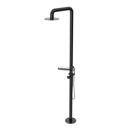 Rubinet Pressure Balance Outdoor Shower with Hand Held Shower & 10" Shower Head (with shelf) - 304 Stainless Steel Black