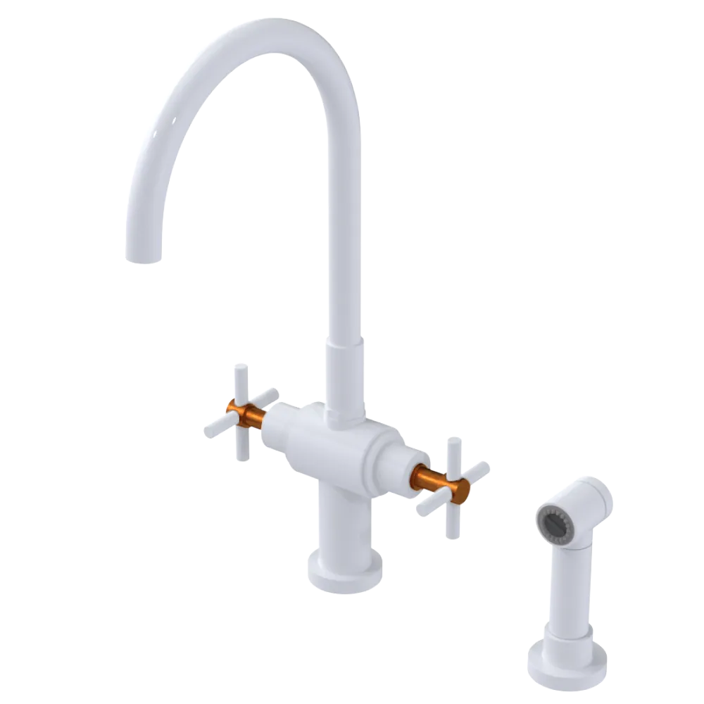 Rubinet Two Handle Single Hole Kitchen Set with LaSalle Spout with Hand Spray White