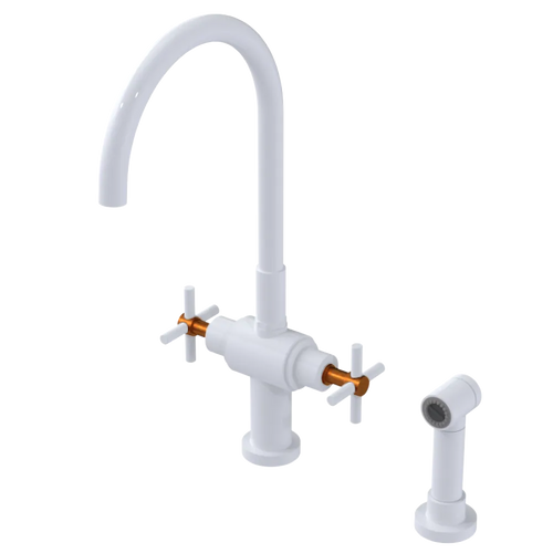 Rubinet Two Handle Single Hole Kitchen Set with LaSalle Spout with Hand Spray White