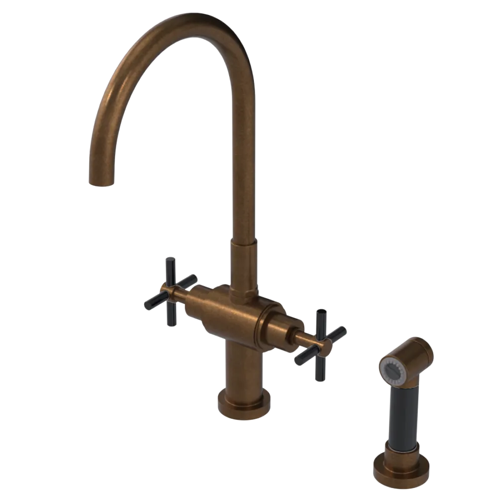 Rubinet Two Handle Single Hole Kitchen Set with LaSalle Spout with Hand Spray Tuscan Brass