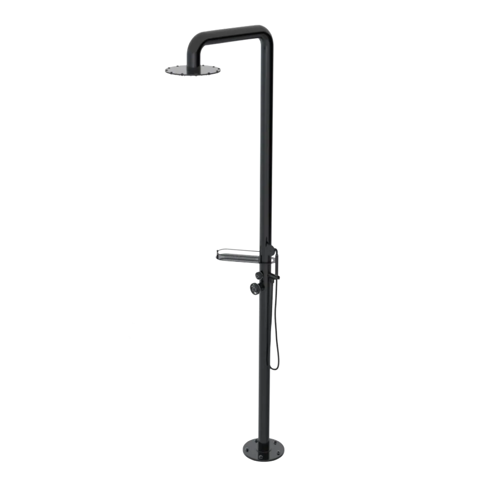 Rubinet Pressure Balance Outdoor Shower with Hand Held Shower & 10" Shower Head (with shelf) - 304 Stainless Steel Black