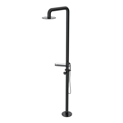 Rubinet Pressure Balance Outdoor Shower with Hand Held Shower & 10" Shower Head (with shelf) - 304 Stainless Steel Black