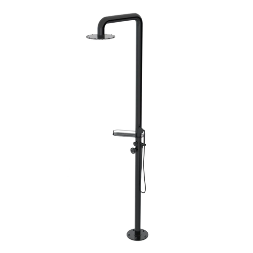 Rubinet Pressure Balance Outdoor Shower with Hand Held Shower & 10" Shower Head (with shelf) - 304 Stainless Steel Black
