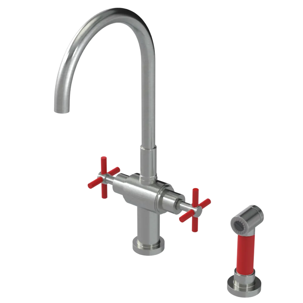 Rubinet Two Handle Single Hole Kitchen Set with LaSalle Spout with Hand Spray Satin Nickel
