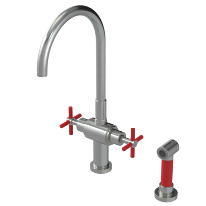 Rubinet Two Handle Single Hole Kitchen Set with LaSalle Spout with Hand Spray Satin Nickel