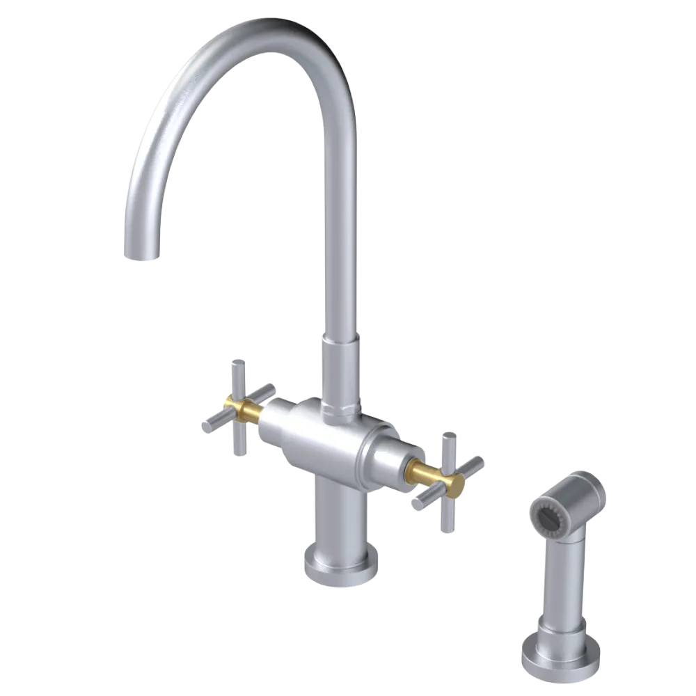 Rubinet Two Handle Single Hole Kitchen Set with LaSalle Spout with Hand Spray Satin Chrome