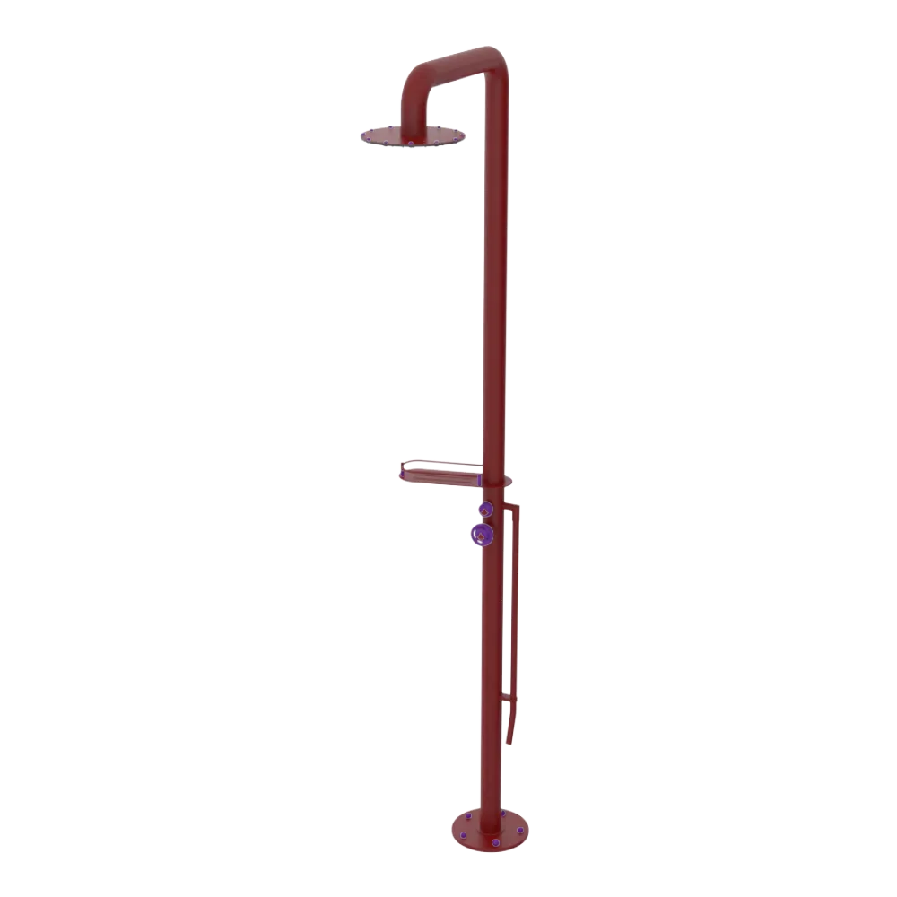 Rubinet Pressure Balance Outdoor Shower with Foot Rinse & 10" Shower Head (with shelf) - 304 Stainless Steel Maroon