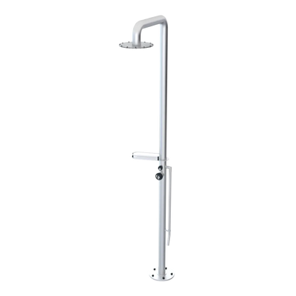 Rubinet Pressure Balance Outdoor Shower with Foot Rinse & 10" Shower Head (with shelf) - 304 Stainless Steel Satin Chrome