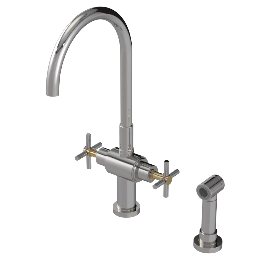 Rubinet Two Handle Single Hole Kitchen Set with LaSalle Spout with Hand Spray Polished Nickel