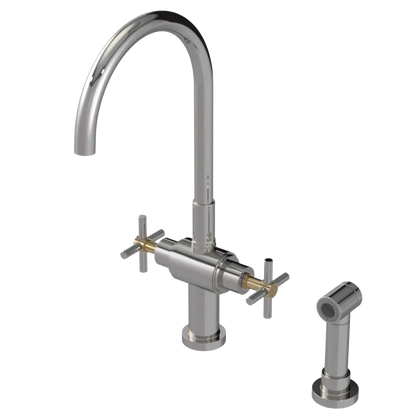 Rubinet Two Handle Single Hole Kitchen Set with LaSalle Spout with Hand Spray Polished Nickel