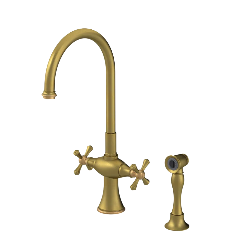 Rubinet Two Handle Single Hole Kitchen Set with Hand Spray Antique Brass Matt