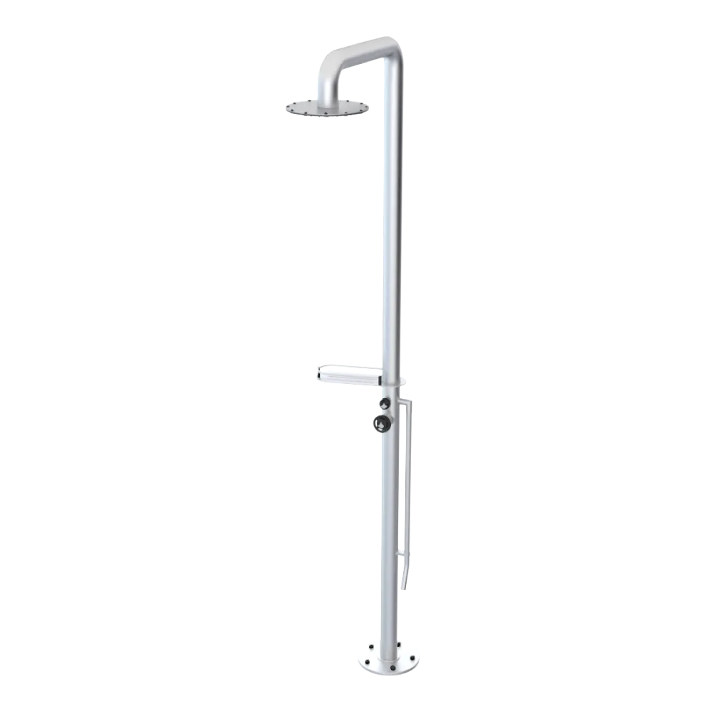 Rubinet Pressure Balance Outdoor Shower with Foot Rinse & 10" Shower Head (with shelf) - 304 Stainless Steel Satin Chrome