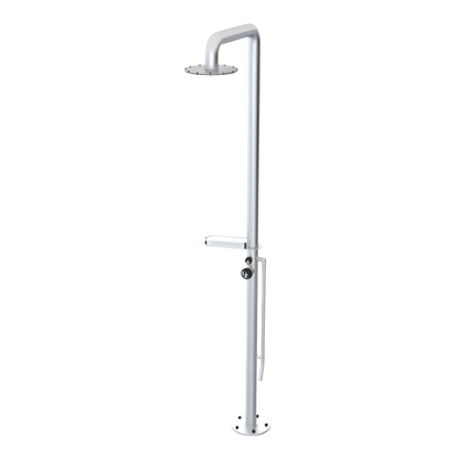 Rubinet Pressure Balance Outdoor Shower with Foot Rinse & 10" Shower Head (with shelf) - 304 Stainless Steel Satin Chrome