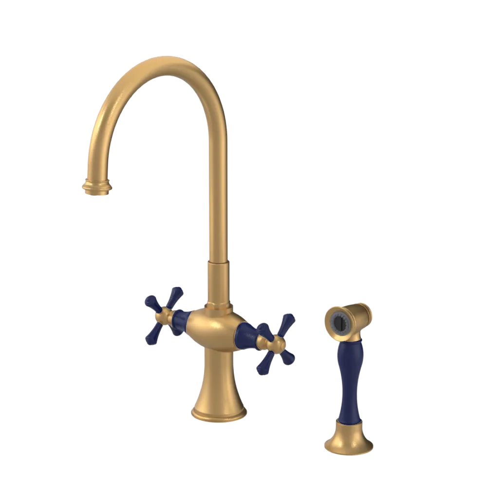 Rubinet Two Handle Single Hole Kitchen Set with Hand Spray Satin Gold