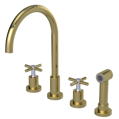 Rubinet Widespread Kitchen Set with LaSalle Spout with Hand Spray Natural Brass