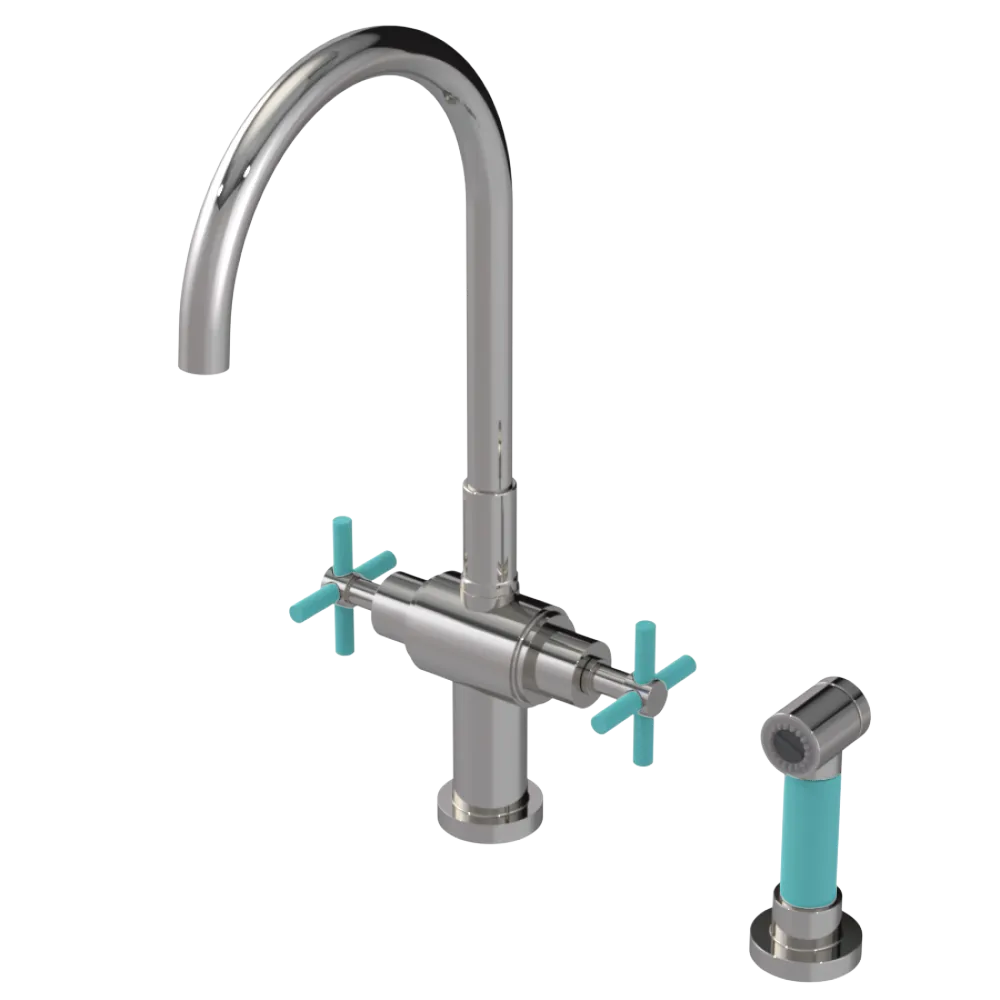 Rubinet Two Handle Single Hole Kitchen Set with LaSalle Spout with Hand Spray Polished Nickel