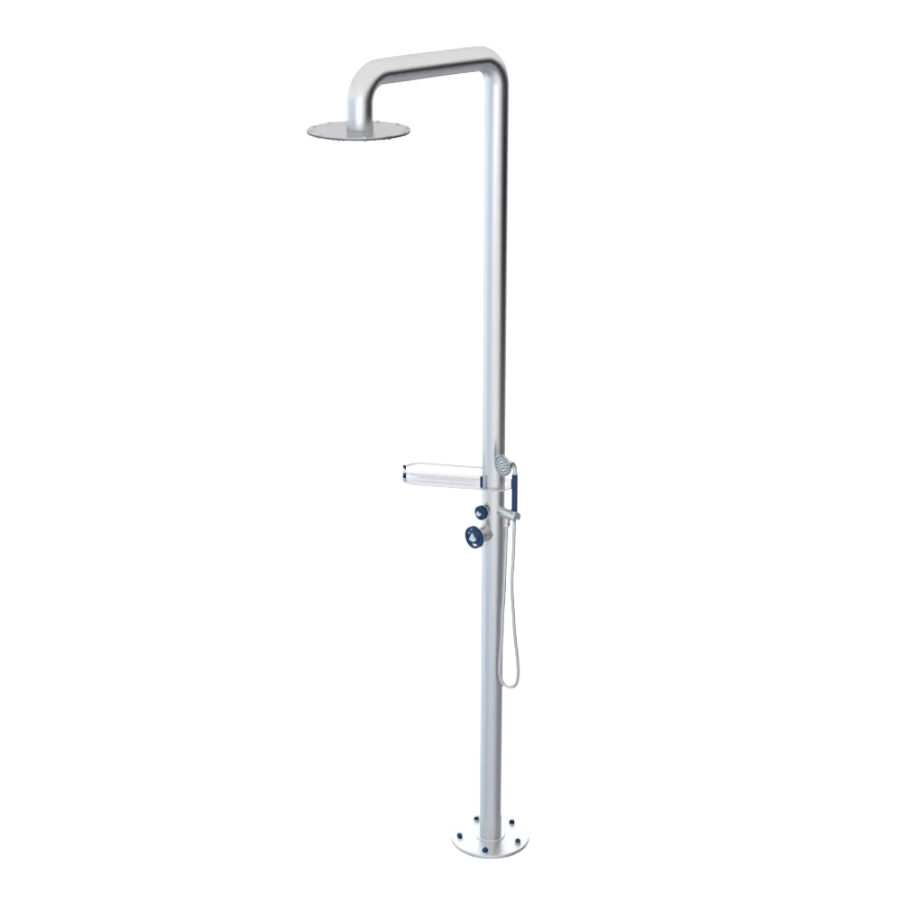 Rubinet Pressure Balance Outdoor Shower with Hand Held Shower & 10" Shower Head (with shelf) - 304 Stainless Steel Satin Chrome