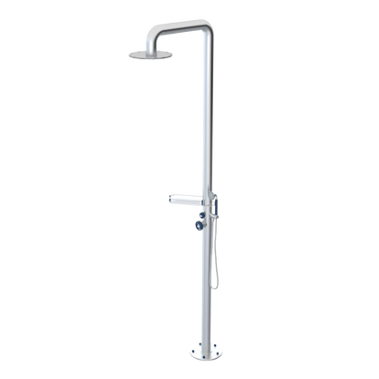 Rubinet Pressure Balance Outdoor Shower with Hand Held Shower & 10" Shower Head (with shelf) - 304 Stainless Steel Satin Chrome
