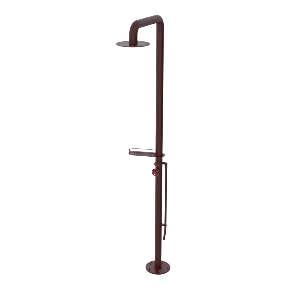 Rubinet Pressure Balance Outdoor Shower with Foot Rinse & 10" Shower Head (with shelf) - 304 Stainless Steel Bordeaux
