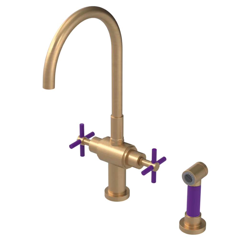 Rubinet Two Handle Single Hole Kitchen Set with LaSalle Spout with Hand Spray Satin Gold
