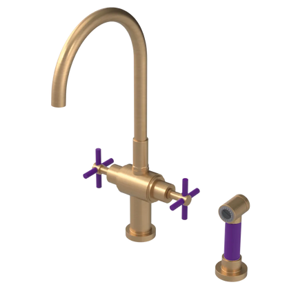 Rubinet Two Handle Single Hole Kitchen Set with LaSalle Spout with Hand Spray Satin Gold