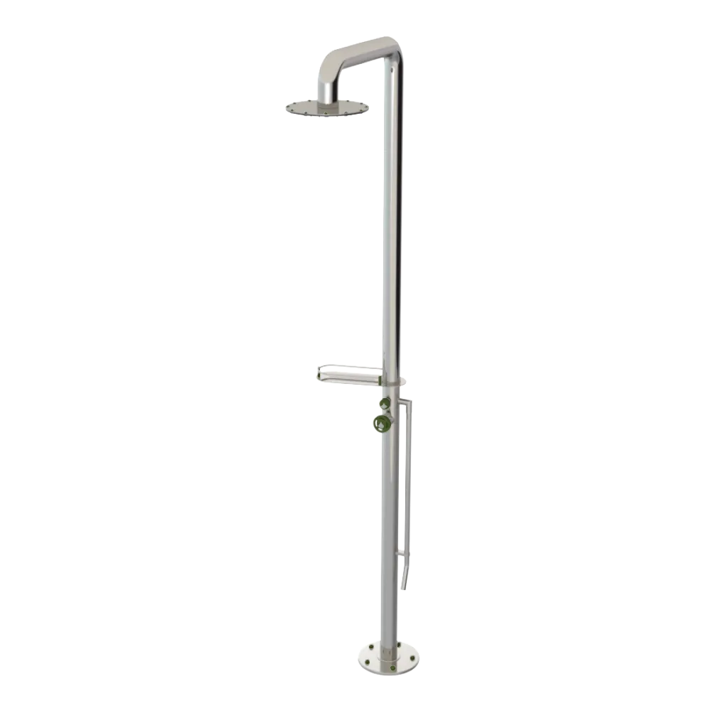 Rubinet Pressure Balance Outdoor Shower with Foot Rinse & 10" Shower Head (with shelf) - 304 Stainless Steel Polished Nickel