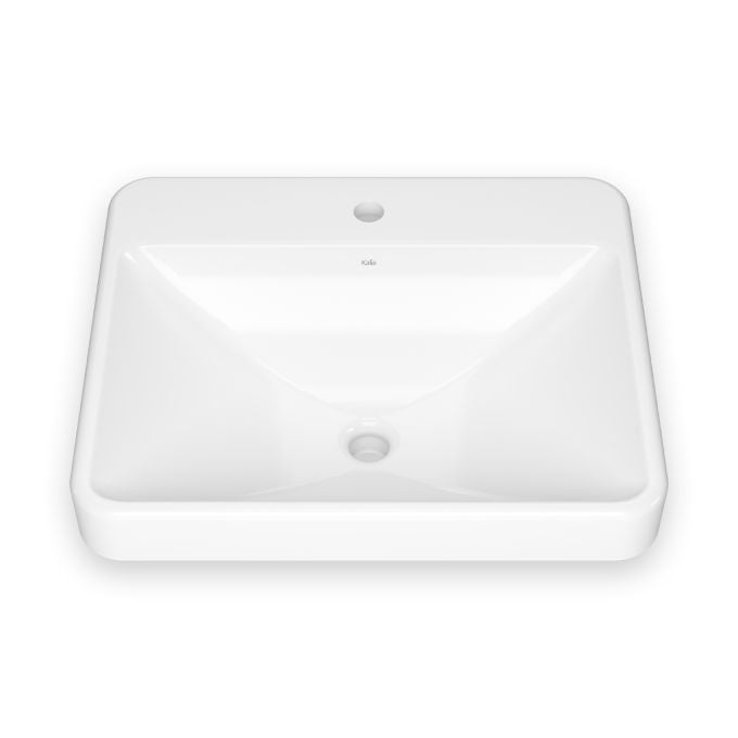 KALIA Kosla - Rectangular washbasin with curved bowl design and integrated faucet ledge - White gloss vitreous porcelain