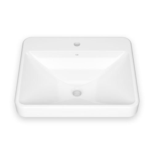 KALIA Kosla - Rectangular washbasin with curved bowl design and integrated faucet ledge - White gloss vitreous porcelain