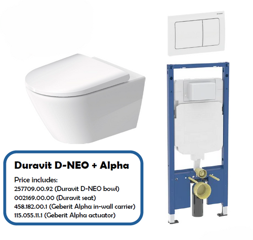 Duravit D-neo Wall-Mounted Elongated Toilet Dual-Flush 1.28/0.8 gpf with seat & Geberit Carrier