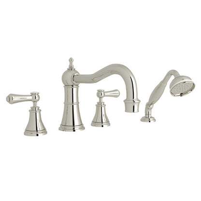 Perrin & Rowe Georgian Era 4-Hole Deck Mount Column Spout Tub Filler With Handshower - With White Porcelain Lever Handle.3747LSP