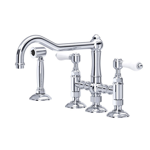 ROHL Acqui Deck Mount Column Spout 3 Leg Bridge Kitchen Faucet With Sidespray