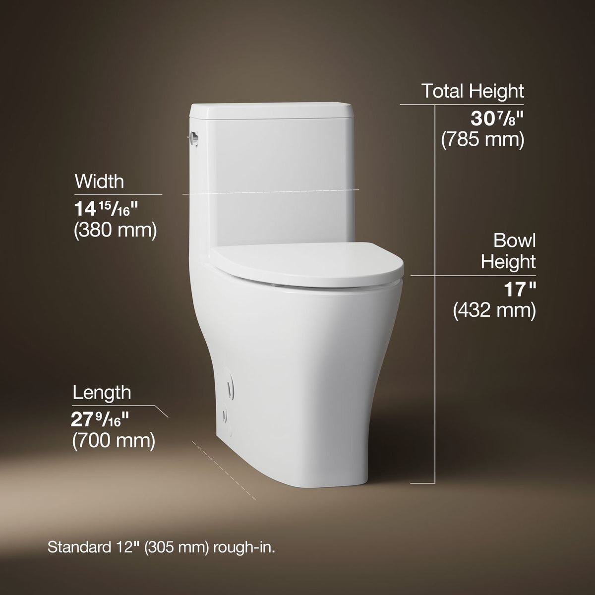 Kohler 23188-TBH-0 3/4 view of product with dimensions