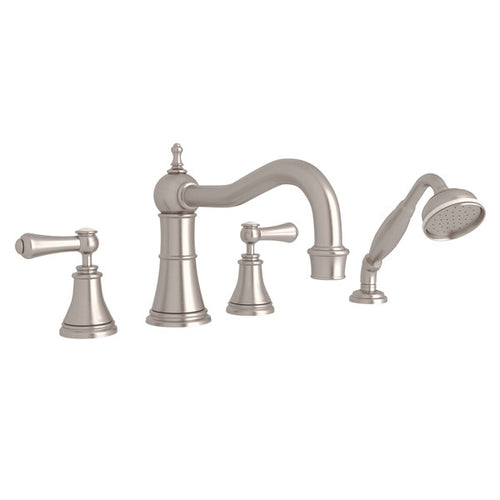 Perrin & Rowe Georgian Era 4-Hole Deck Mount Column Spout Tub Filler With Handshower - With White Porcelain Lever Handle.3747LSP