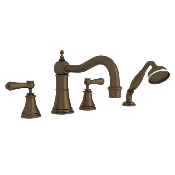 Perrin & Rowe Georgian Era 4-Hole Deck Mount Column Spout Tub Filler With Handshower - With White Porcelain Lever Handle.3747LSP