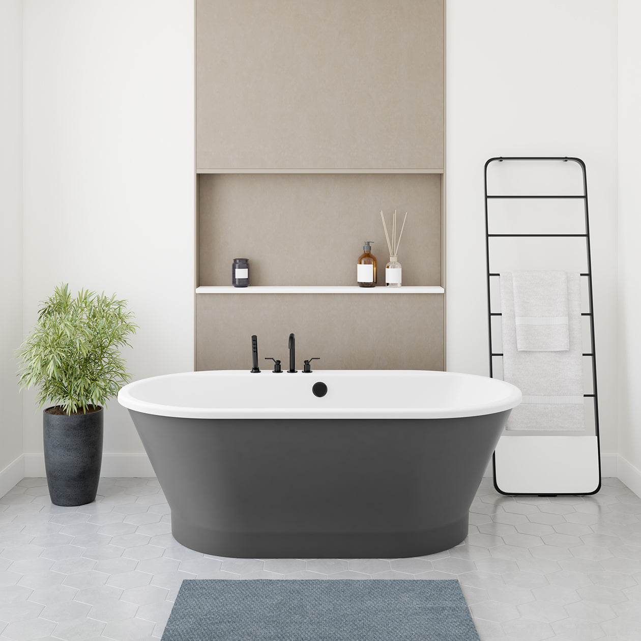 Brioso 6636 AcrylX Freestanding Center Drain Bathtub in White with White Skirt