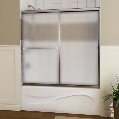 Mika 54 - 59 ½ x 55 ½ in Sliding Tub Door for Alcove Installation with Hammer glass in Mat Silver