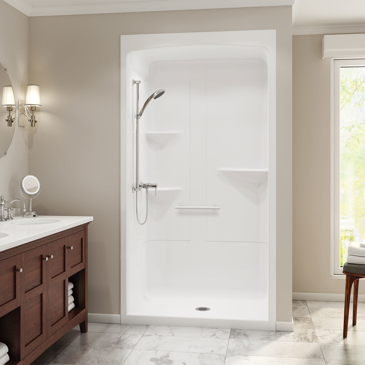 Camelia SHR-4834 Acrylic Alcove Center Drain One-Piece Shower in White