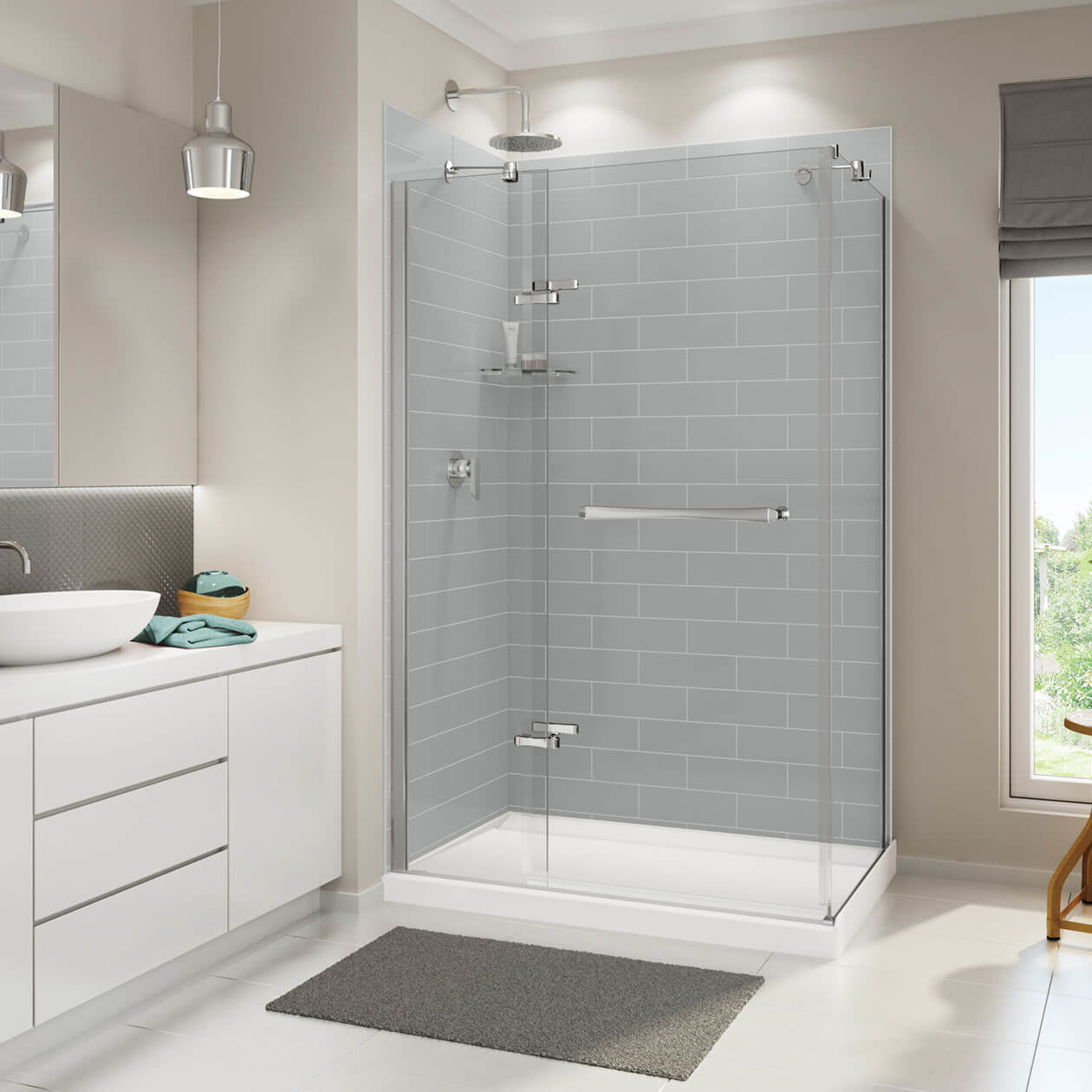 Distinct 48 48 x 32 Acrylic Alcove or Corner Shower Base with Back Center Drain in White