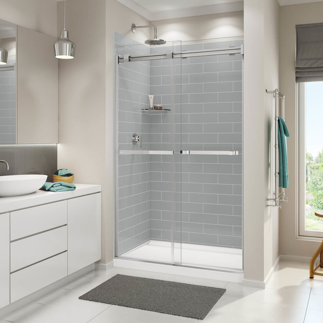 Distinct 48 48 x 32 Acrylic Alcove or Corner Shower Base with Back Center Drain in White
