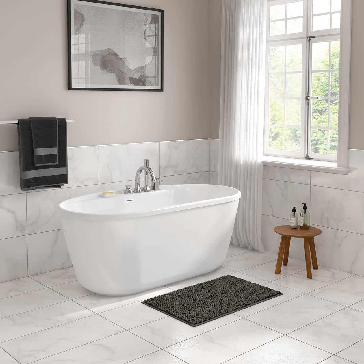 Emica 5832 AcrylX Freestanding Center Drain Bathtub in White with White Skirt