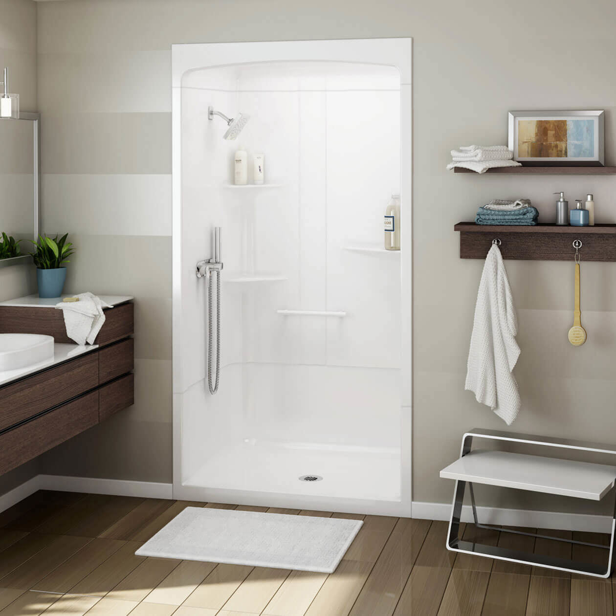 ALLIA SHR-4834 Acrylic Alcove Center Drain Three-Piece Shower in White