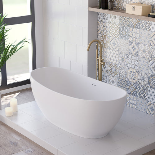 Valentina 67 x 32 Acrylic Freestanding Center Drain Bathtub in Matte White with Matte White Skirt