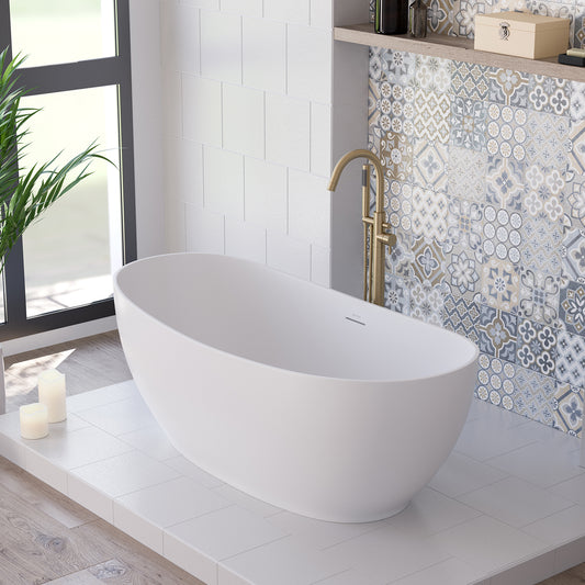 Valentina 67 x 32 Acrylic Freestanding Center Drain Bathtub in Matte White with Matte White Skirt