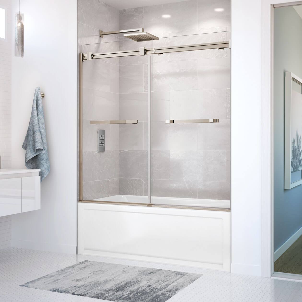 Duel 56-59 x 55 ½-59 in. 8 mm Bypass Tub Door for Alcove Installation with Clear glass in Chrome